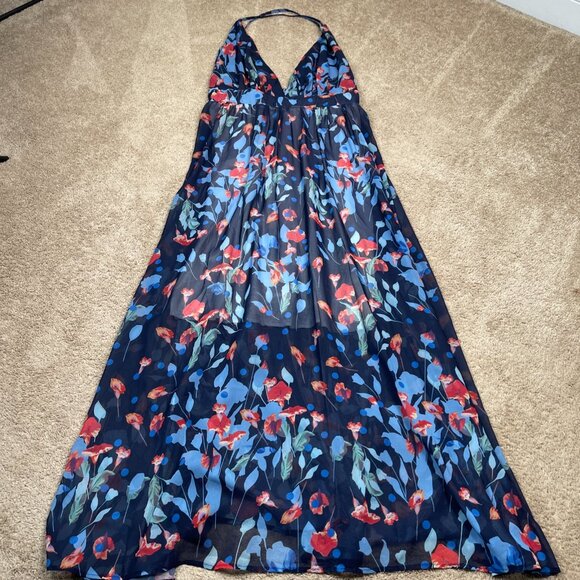 Handmade Maxi Dress Womens XXL Blue Floral Plunge Neck Open Back Beach Long Tall - Picture 4 of 7